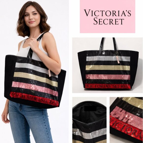 Victoria's Secret Handbags - Victoria’s Secret Sequin Stripe Tote Black Large Shopper Weekender Bag NWT